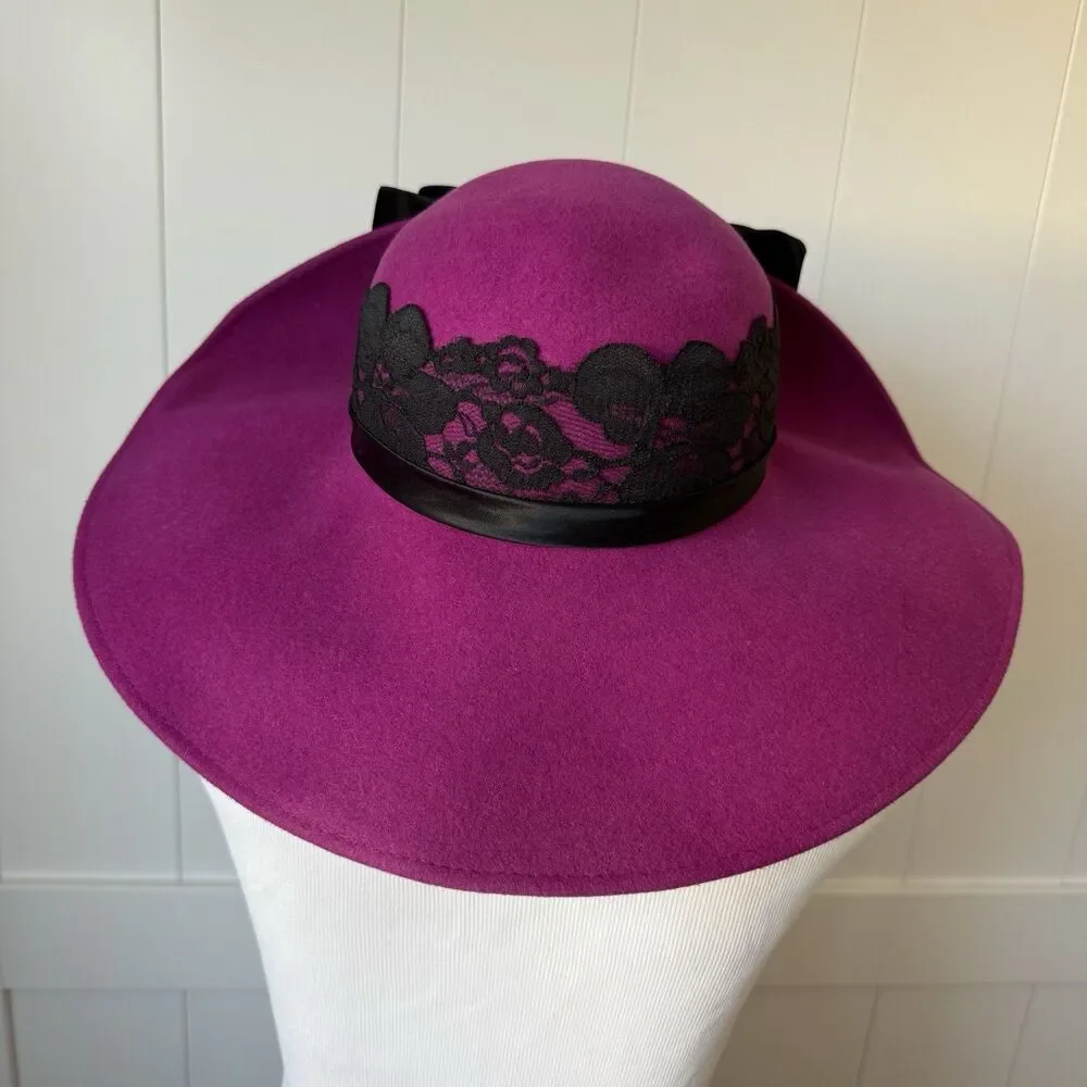 VTG 80s Deadstock Michael Howard Fuchsia Wool Fedora Hat Lace Satin Bow USA NOS